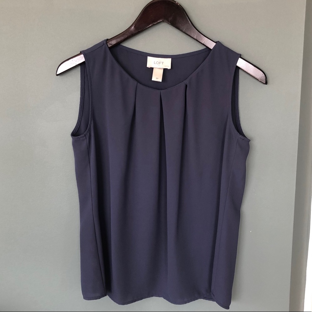 Loft Dark-Blue Sleeveless Pleated Collar Blouse SP